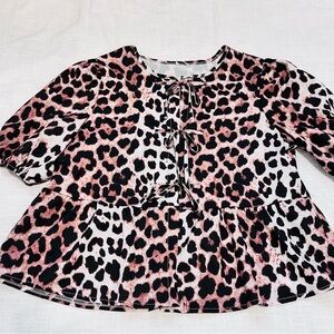 Girls' Pink Leopard-Print Tie-Front Peplum Top